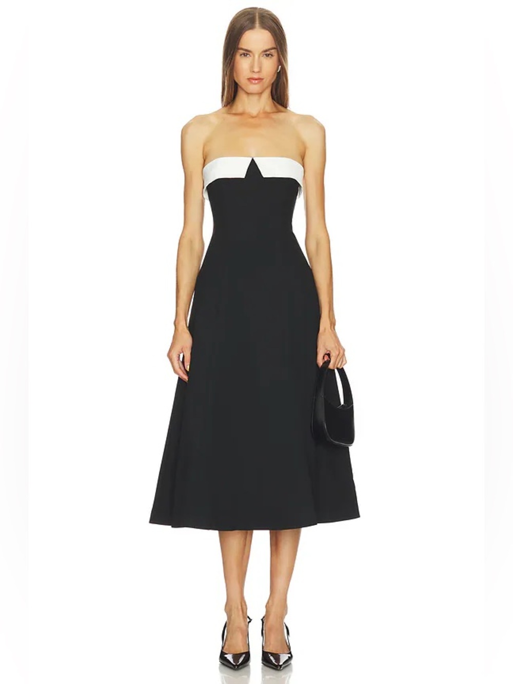 LOBA Revolve Natalie Black White A-Line Strapless Collared Midi Dress Size M NWT